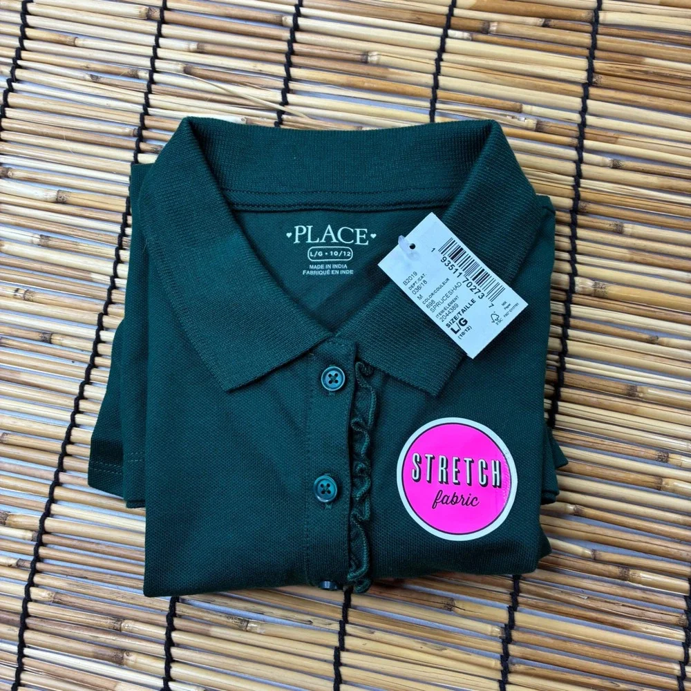 The Childrens Place‎ Girls Green Long Sleeve Ruffle Polo Shirt Size L 10/12 NEW